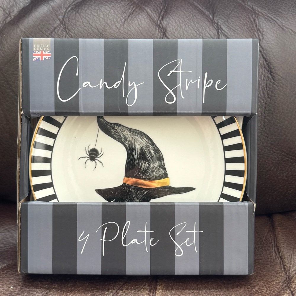 Candy Stripe Witch Themed Halloween Salad Plate Set - Set of Four NIB